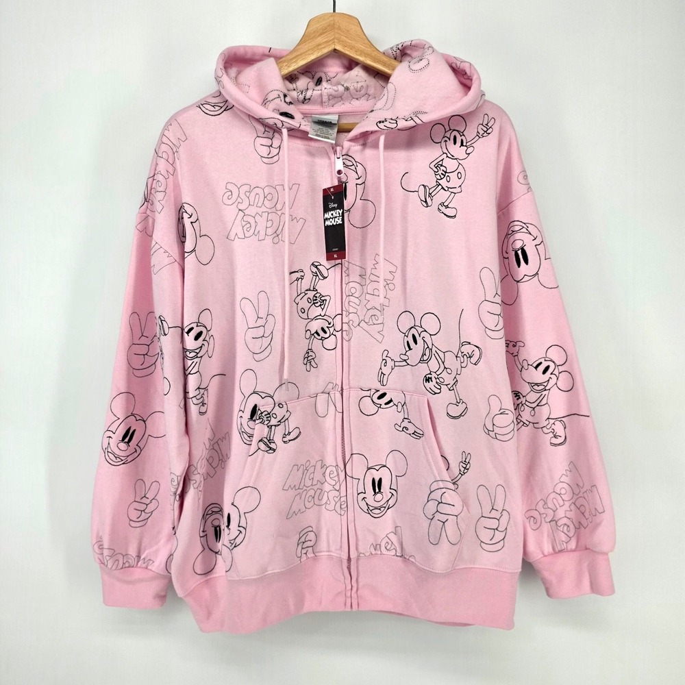Disney Mickey Mouse Zip Hoodie Womens XL Pink All Over Print MYSJYG6-4L16 New